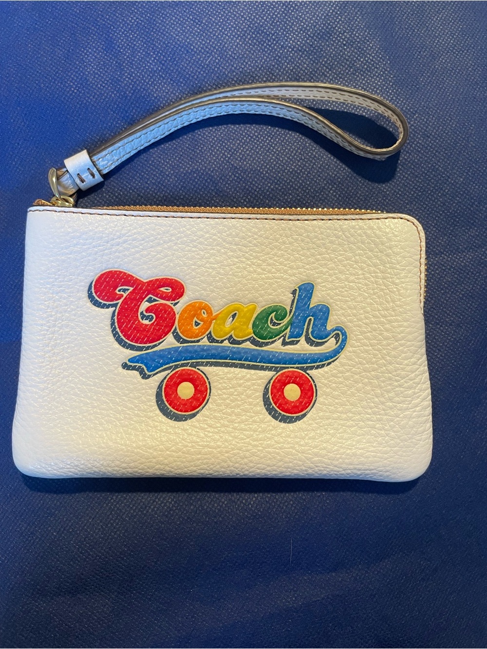 Coach Pride White Leather Wristlet with Rainbow Skate Logo